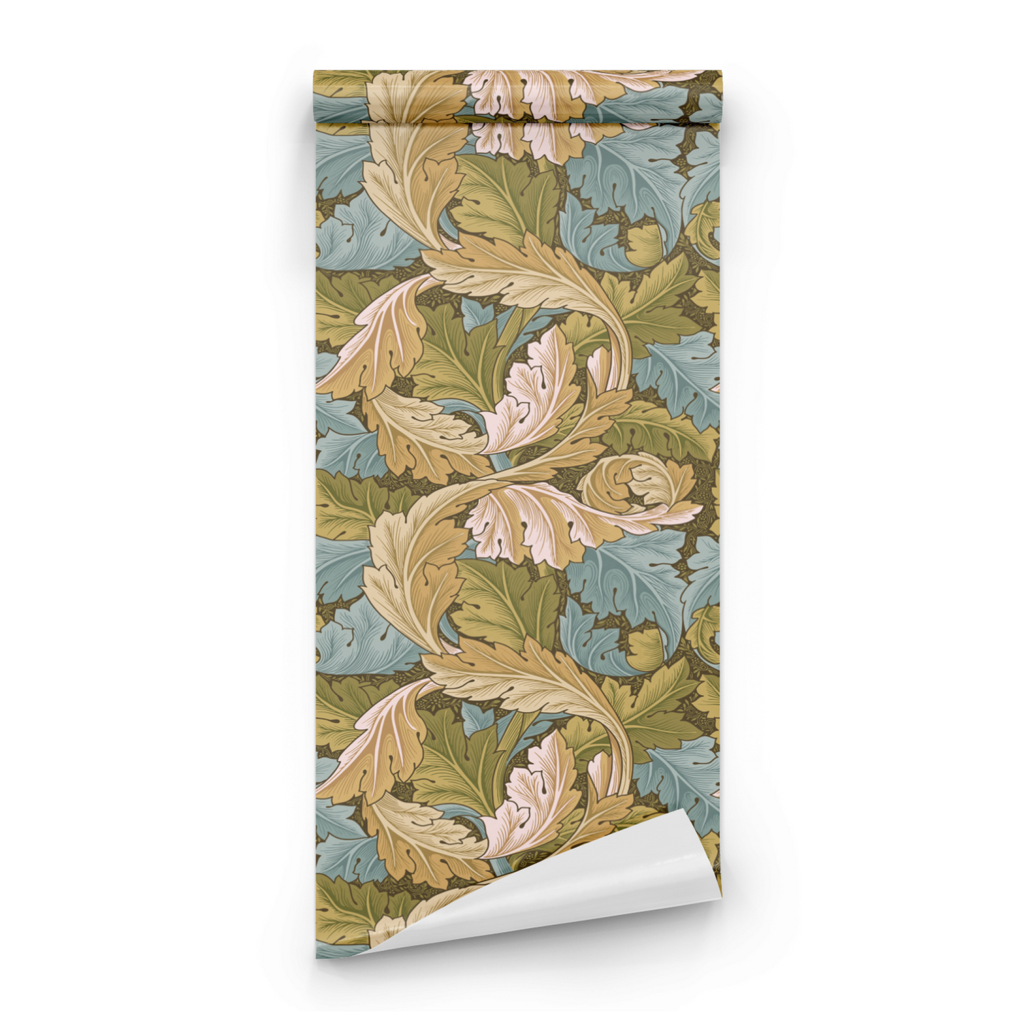 Green Botanical Wallpaper roll close-up showing the acanthus leaf drawing in close deep heritage green detail