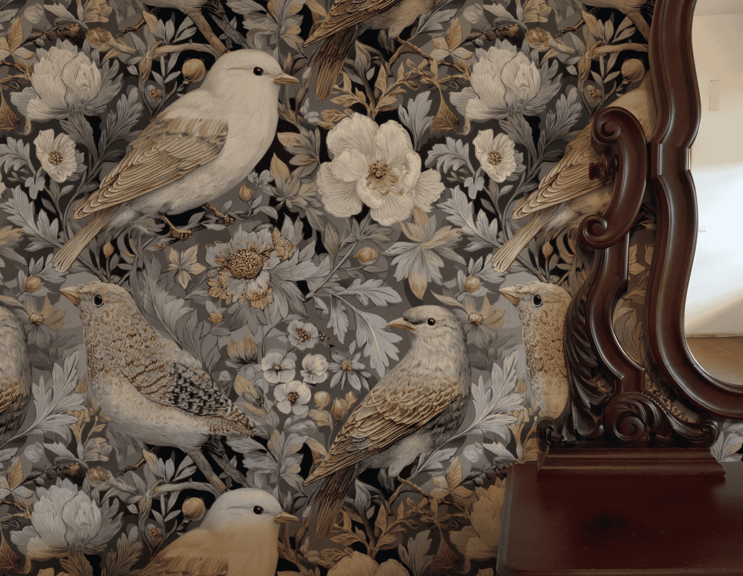 The Serenade Bloom Wallpaper features detailed floral motifs and gentle birds in soft tones, partially reflected in an ornate wooden mirror, adding natural elegance to the space.