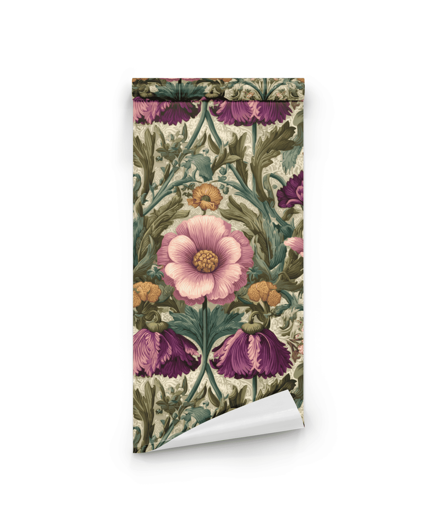 Blossom Rhapsody Wallpaper: a rolled sheet featuring a vintage floral design with large pink and purple flowers, yellow blooms, and green leaves on a light background.