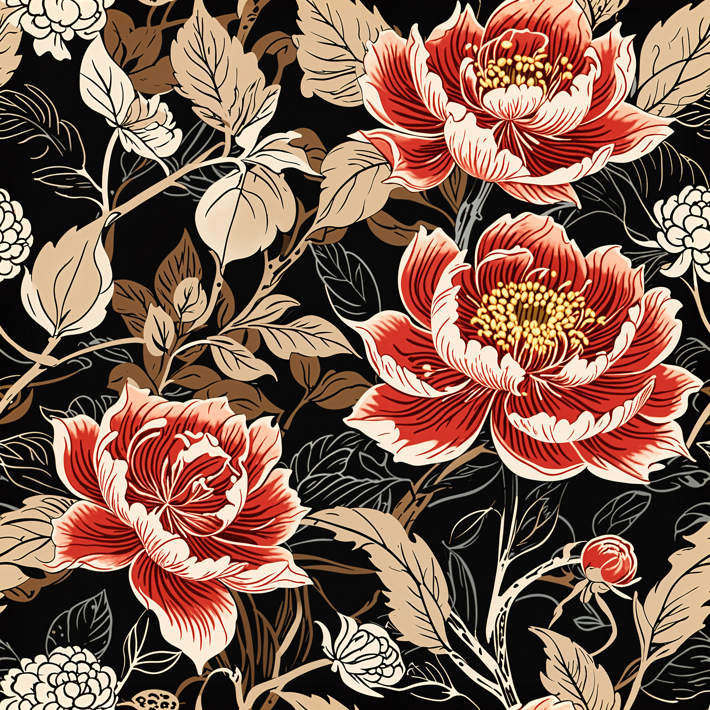 Peony Noir Retro Wallpaper