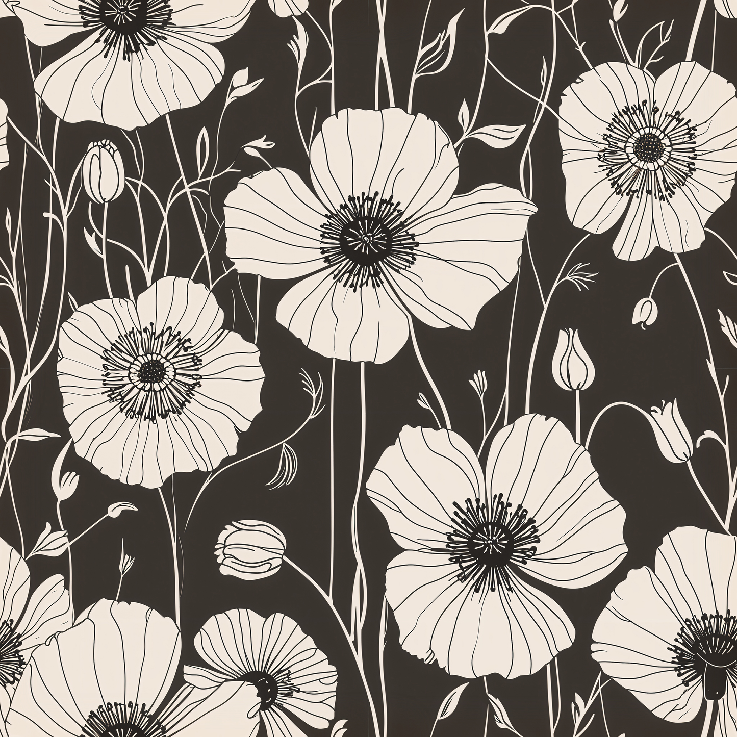 Monochrome Large Poppy Retro Wallpaper