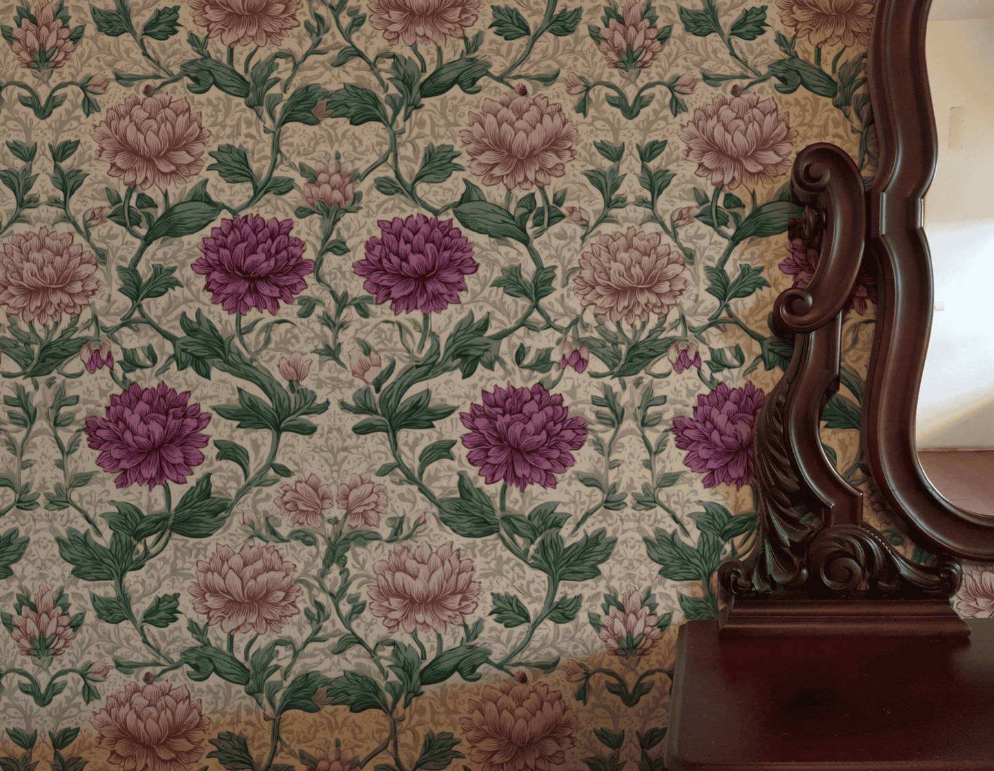 Opulent Bloom Wallpaper features graceful purple and pale pink plum flowers with elegant green foliage; an ornate wooden mirror frame is visible on the right side.