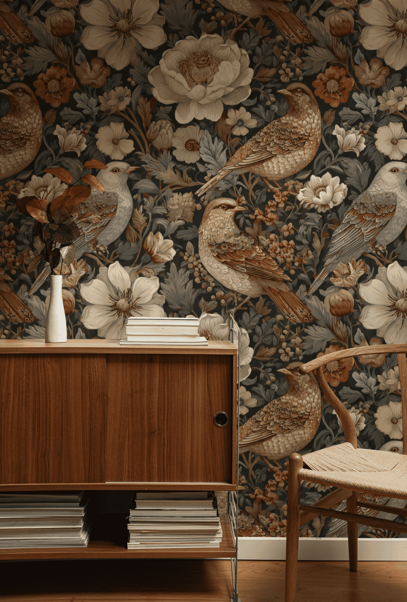 A wooden sideboard with stacked books and a vase stands before Whispering Meadow Wallpaper, which features birds and flowers in muted, earthy tones; a wooden chair nearby completes the serene setting.