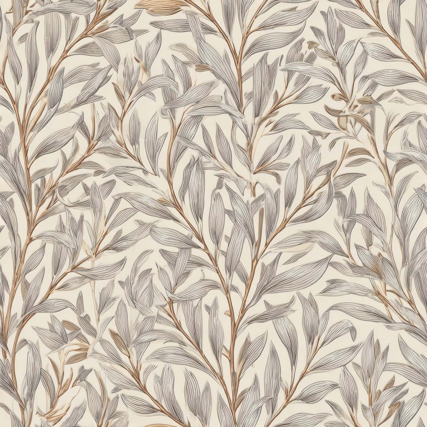 Wallpaper with delicate leaf pattern in soft gray and muted brown tones.