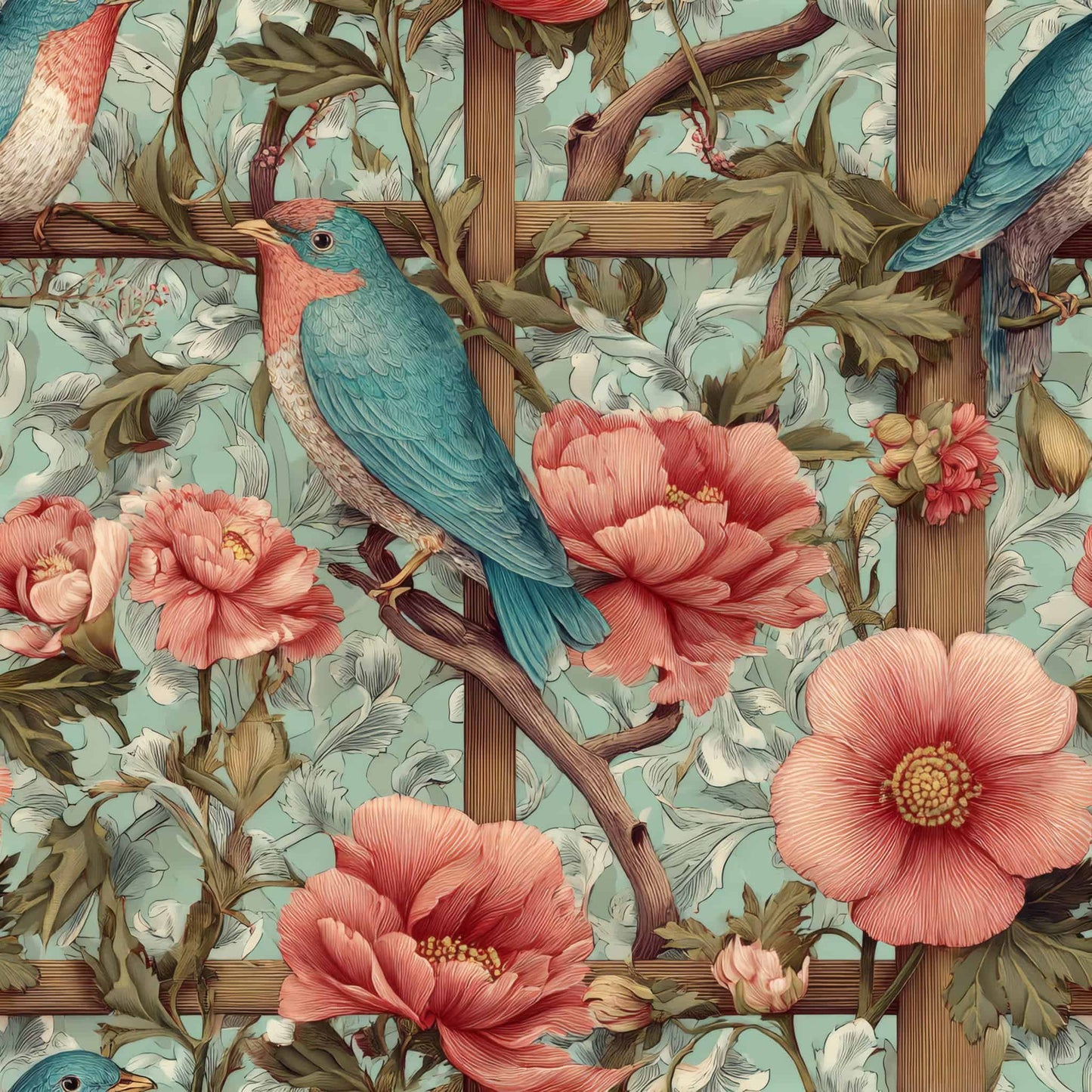 Wallpaper with teal birds perched among pink flowers and green leaves on a lattice background.
