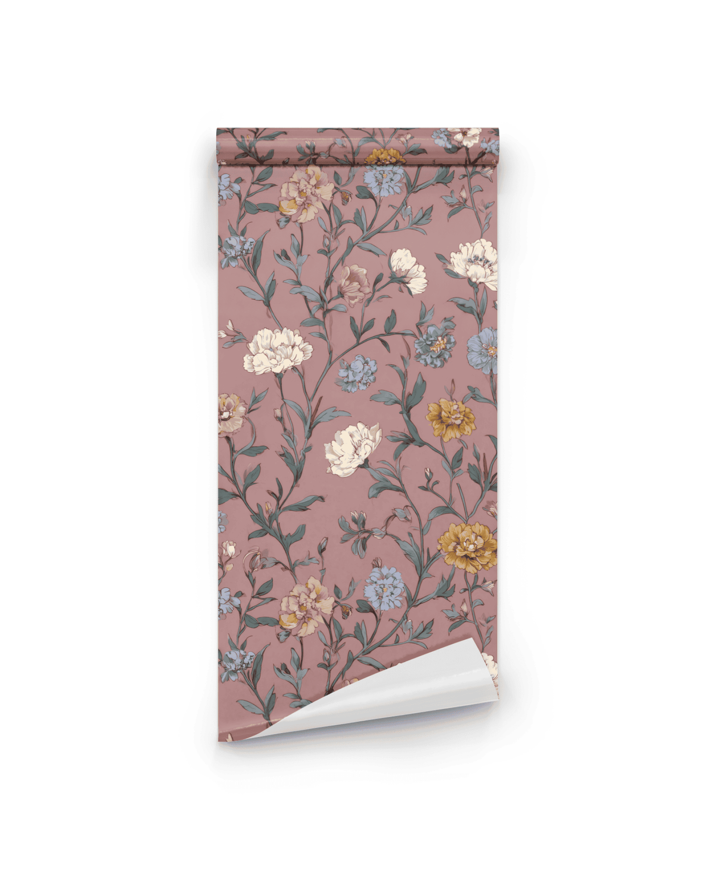Blossom Reverie Wallpaper features delicate blooms in cream, yellow, and blue on a muted mauve and dusty rose background, adding romantic tranquility to any space.