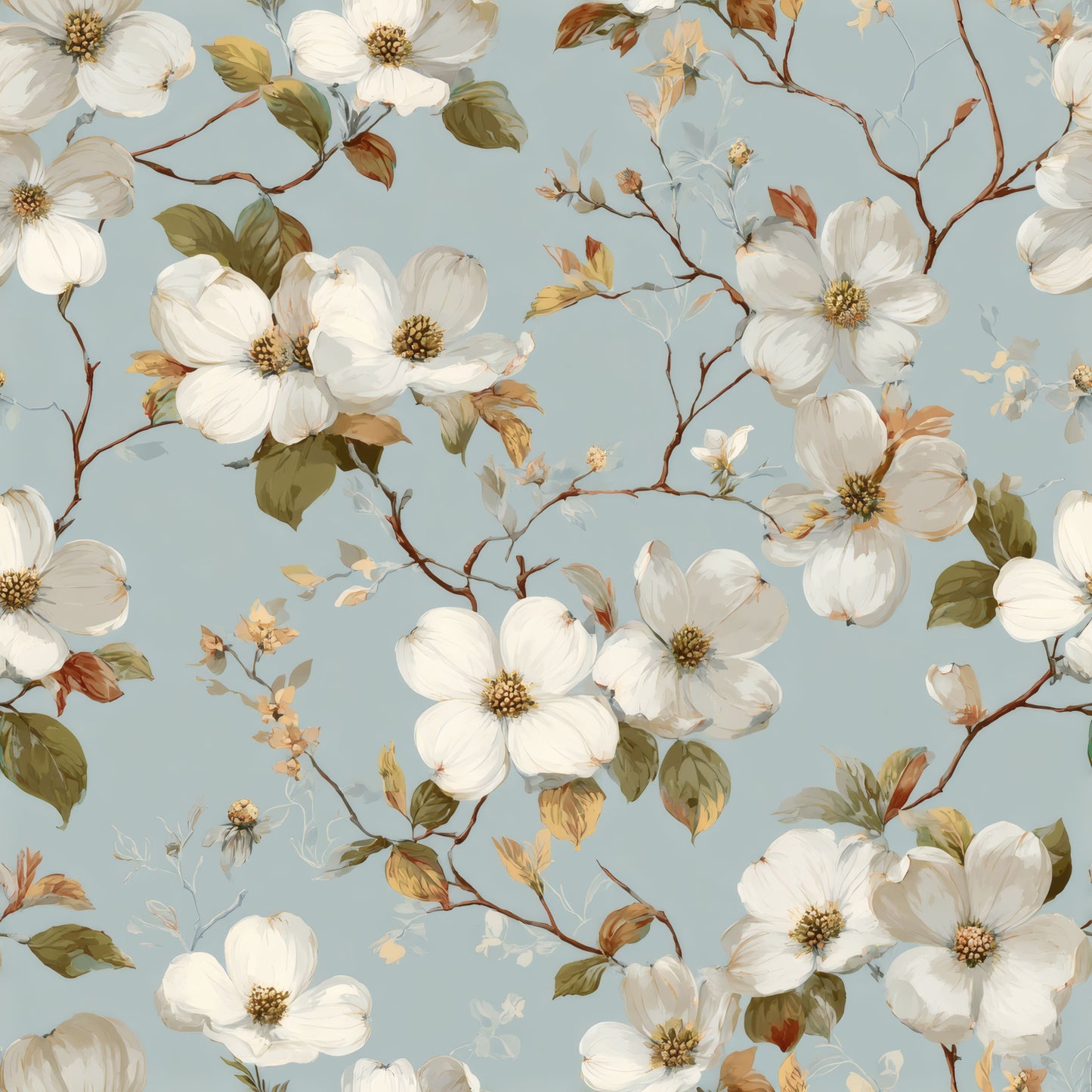 Creamy Dogwood | Blue Floral Wallpaper - Tile Pattern