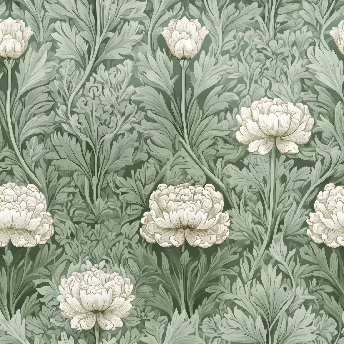 Green Floral Wallpaper tile preview with the peony repeat laid out across panels in soft celadon