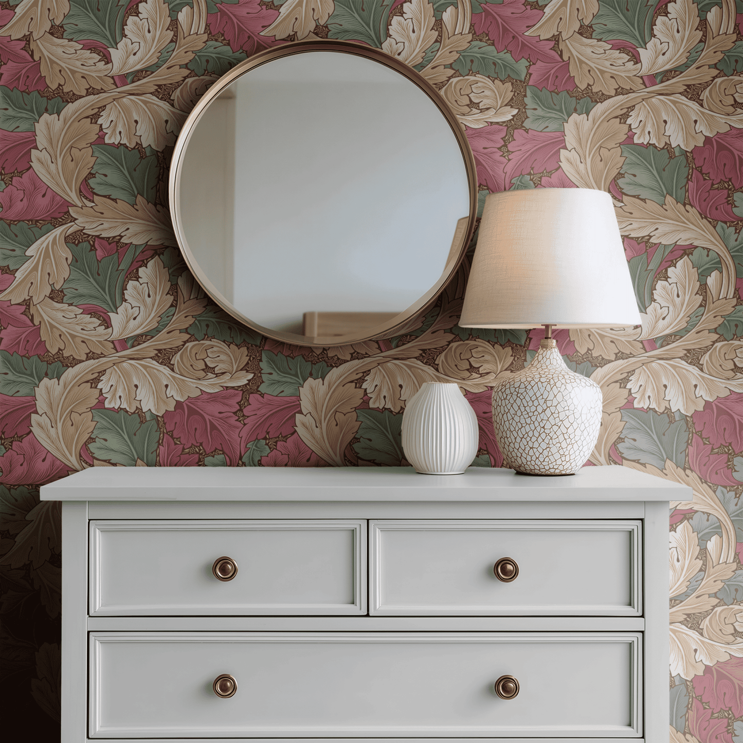 Red Botanical Wallpaper shown in a second interior with the heritage red acanthus reading as theatrical Morris dining-room decoration