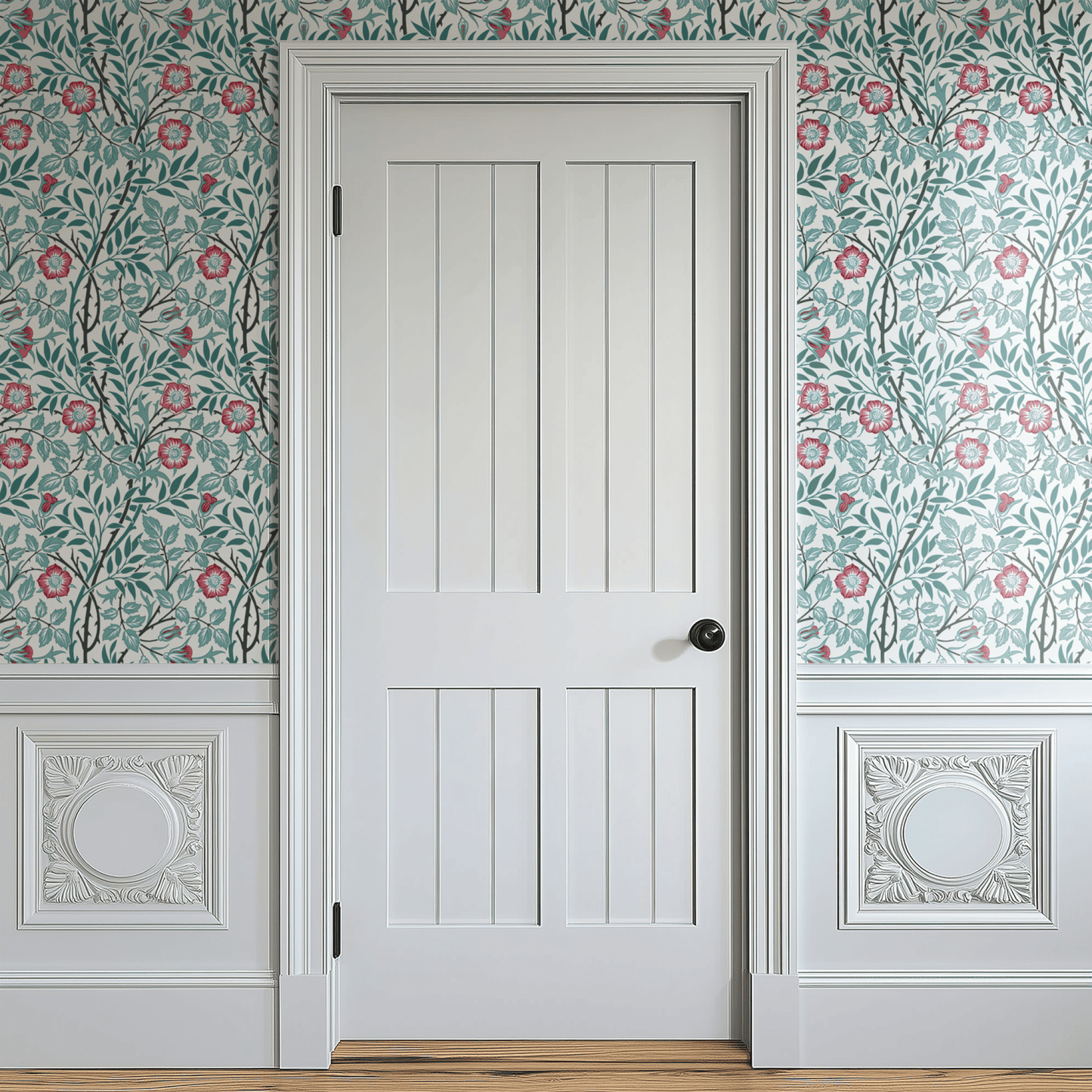 Red Floral Wallpaper tile preview with the sweet briar pattern laid out across panels in warm light Victorian Morris handling