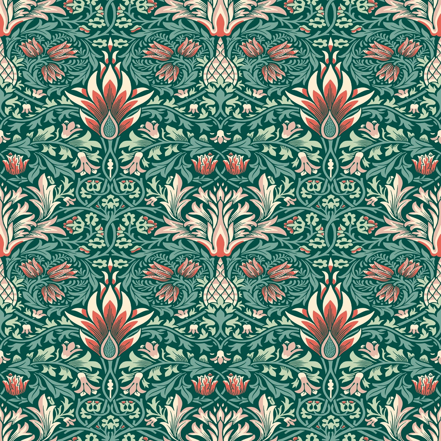 Green Floral Wallpaper tile preview with the snakeshead pattern laid out across panels in damask green Victorian Morris handling