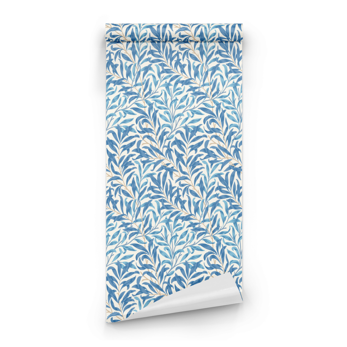 Blue Botanical Wallpaper roll close-up showing the willow leaf drawing in close soft blue Morris detail
