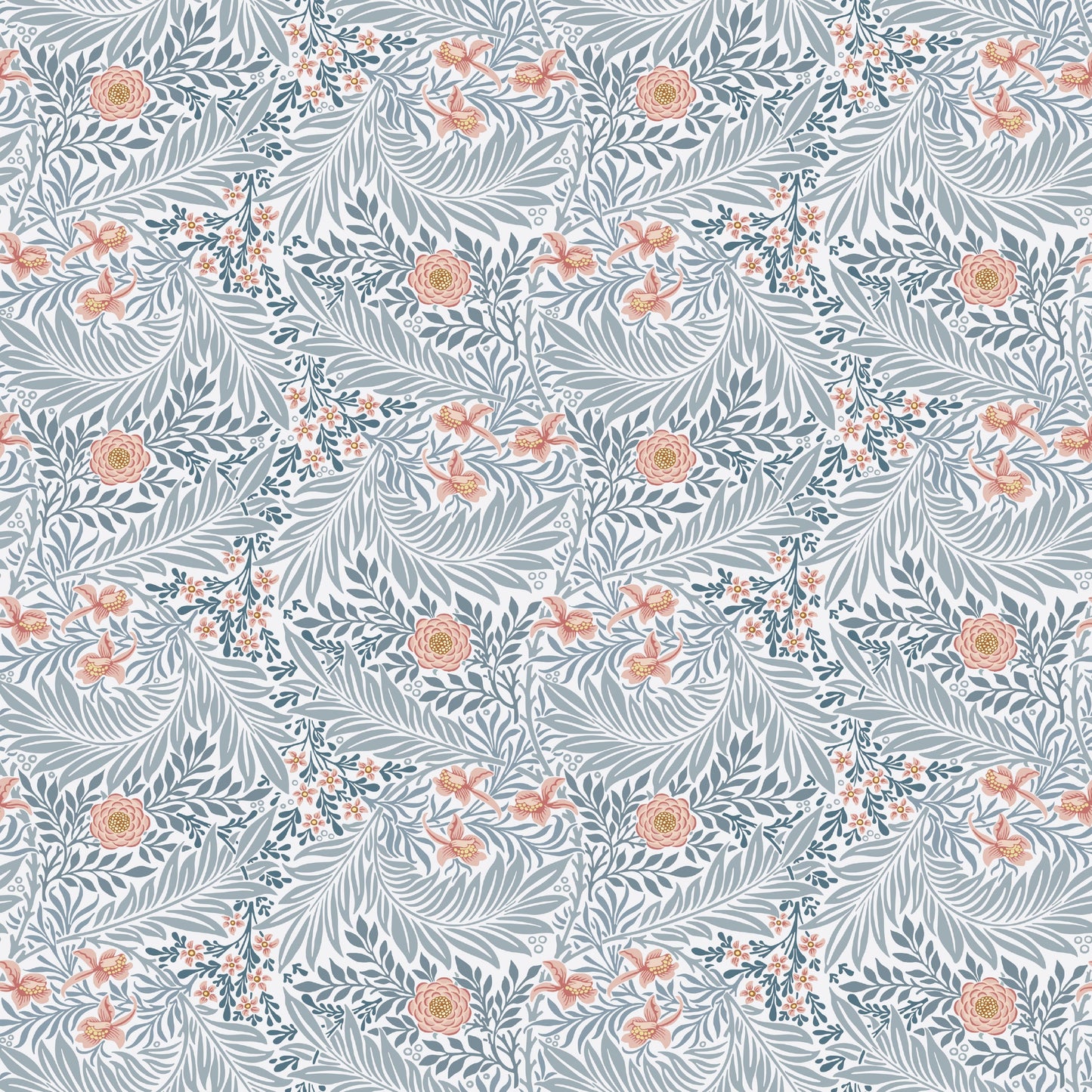 Blue Floral Wallpaper shown in a second room with the indigo larkspur reading as quietly traditional Morris decoration