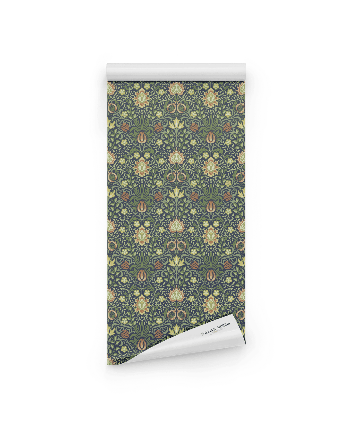 William Morris Persian Spring wallpaper features an intricate Arts and Crafts floral pattern in muted green, blue, and beige on a white background.