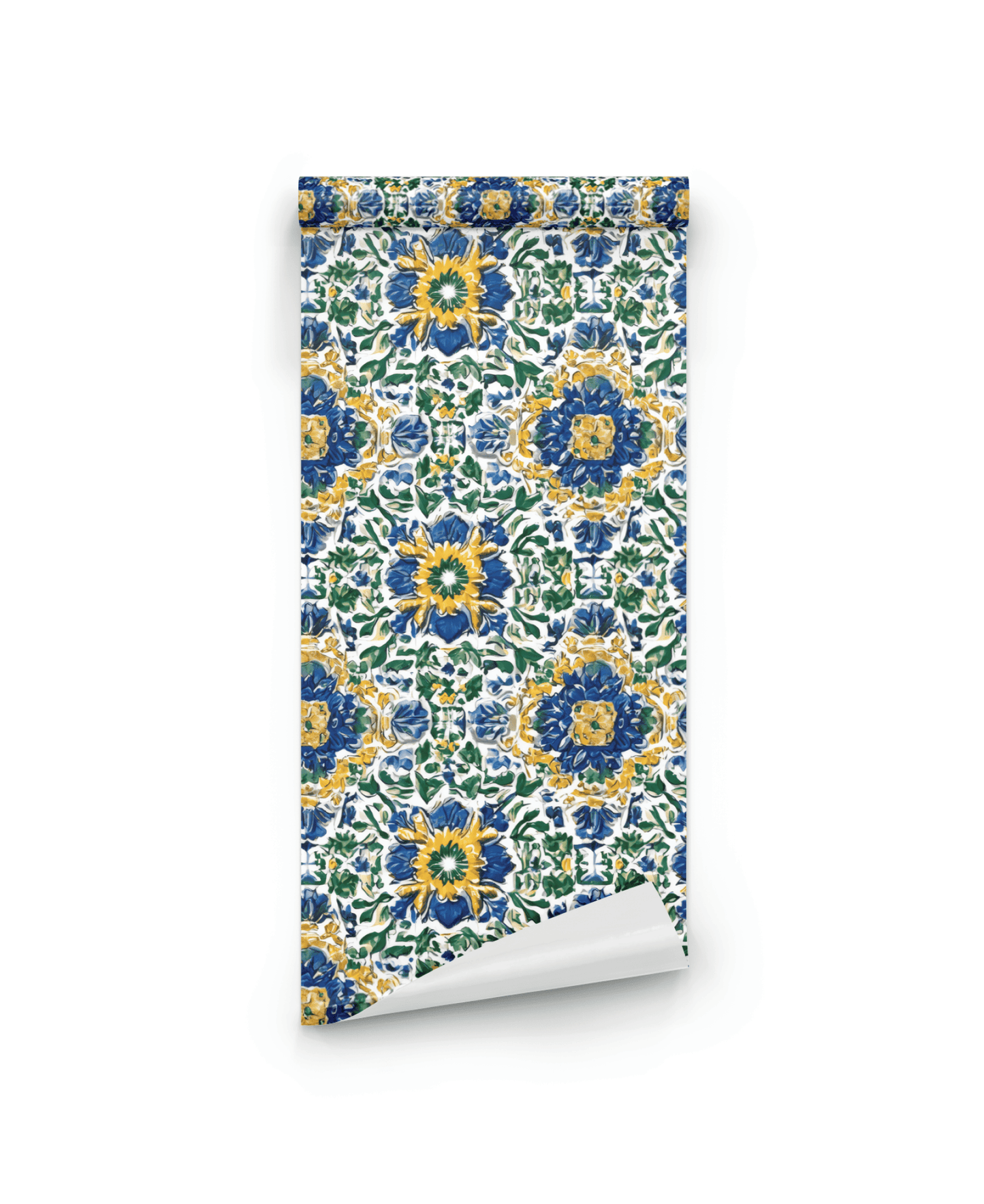 Mediterranean Bloom Wallpaper: A roll of vibrant wallpaper featuring symmetrical blue, yellow, and green floral motifs on a white background.
