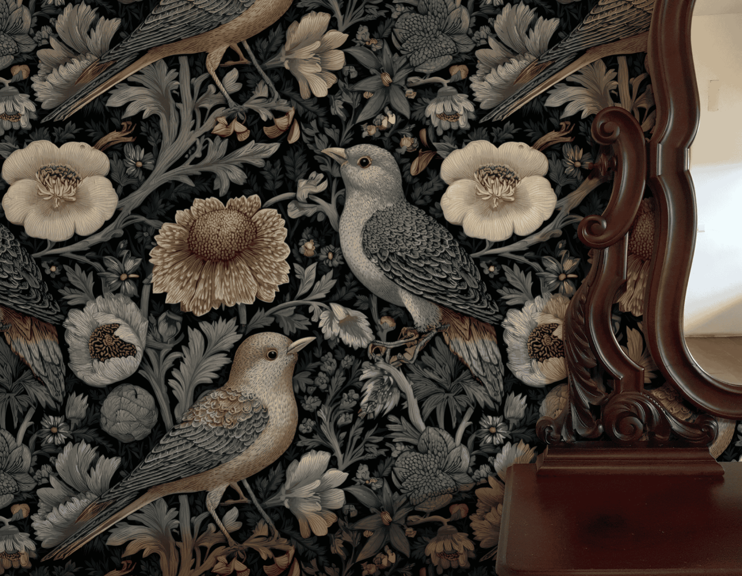 Nocturnal Aviary Wallpaper features detailed illustrations of elegant birds and delicate blooms on a dark backdrop, seen beside a polished wooden mirror frame reflecting its dramatic design.