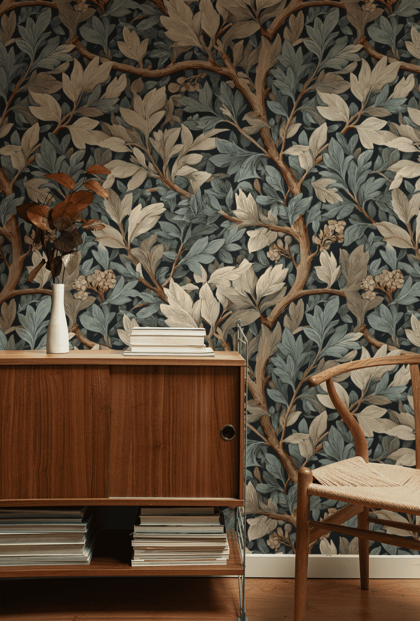 A wooden sideboard with stacked books and a white vase of dried leaves stands against a wall decorated with Whispering Leaves Wallpaper. A wooden chair with a woven seat enhances the room's natural tranquility.
