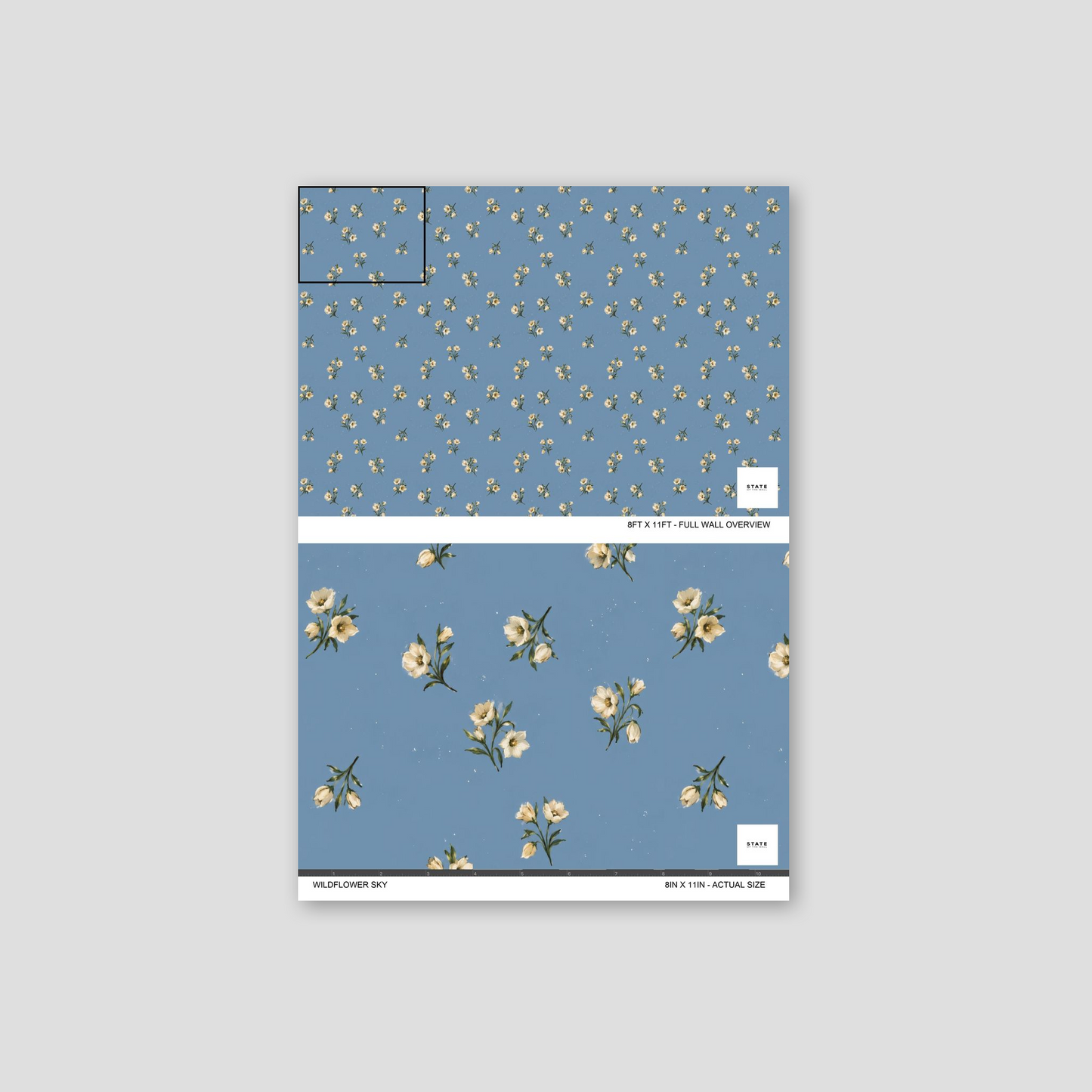 Blue wallpaper with cream floral pattern sample showing full wall and actual size views.