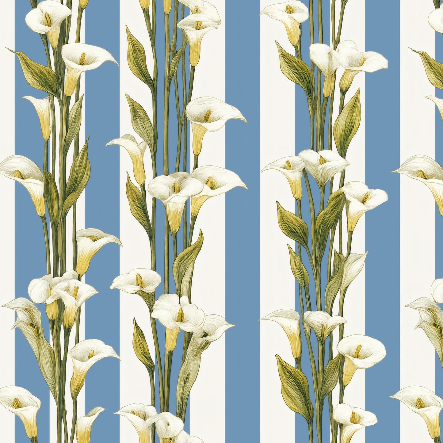 White calla lilies climbing a blue-and-white vertical cabana stripe in a fresh classic wallpaper.