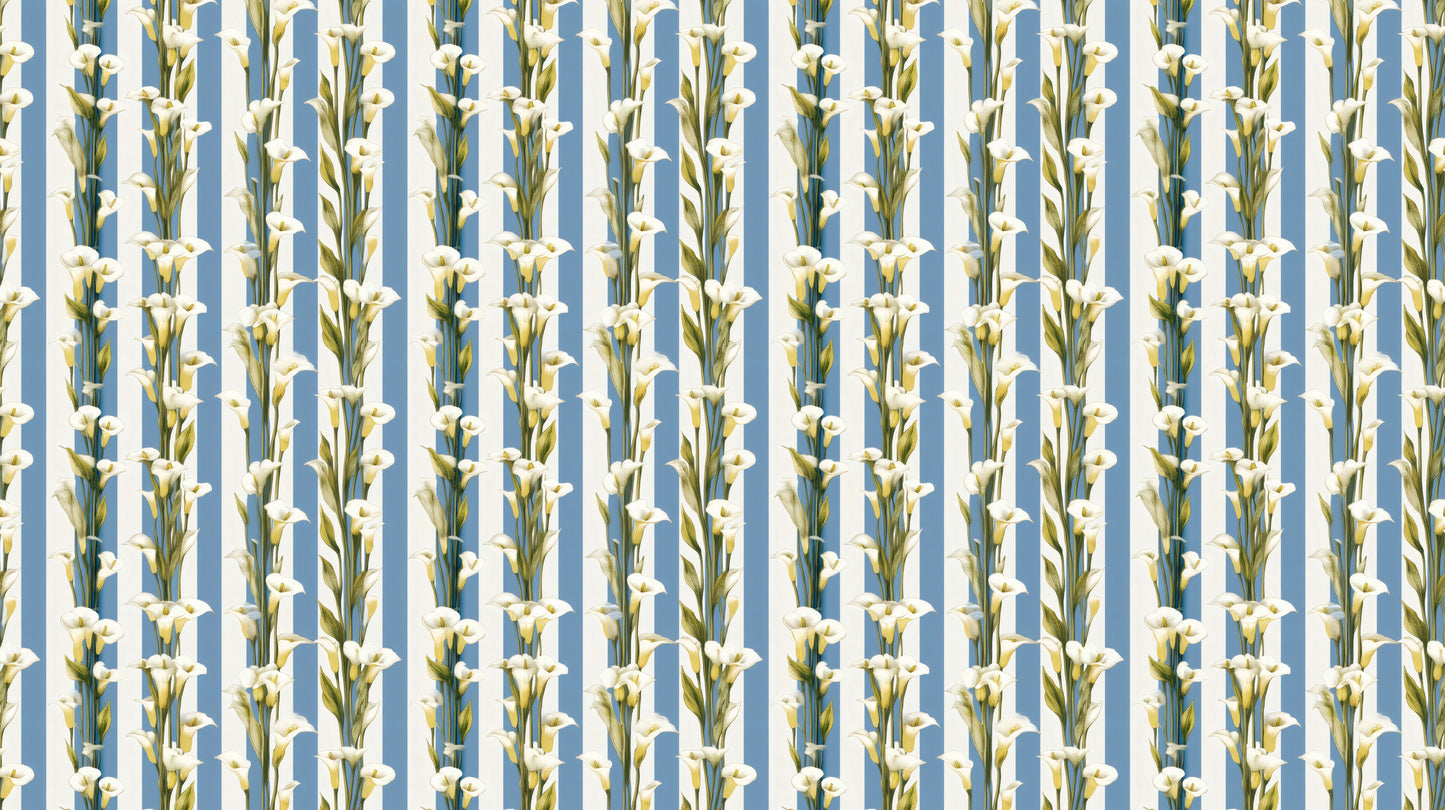 Blue Stripe Mural artwork — white calla lilies on cornflower blue and ivory cabana stripes.
