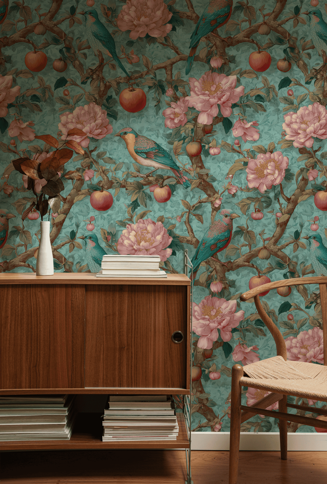 A wooden cabinet and chair sit in front of Eden Blossom Wallpaper, featuring blooming florals, vibrant birds, pink peonies, and apples. A vase with dried leaves rests on the cabinet.