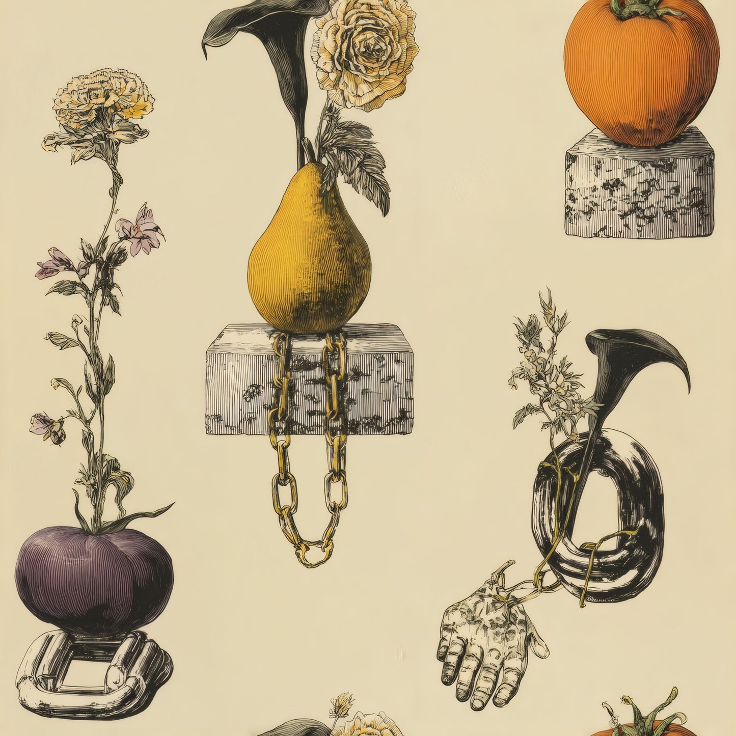 Surreal still-life wallpaper of pears and tomatoes on cinderblocks with chains, a hand and calla lilies on cream.