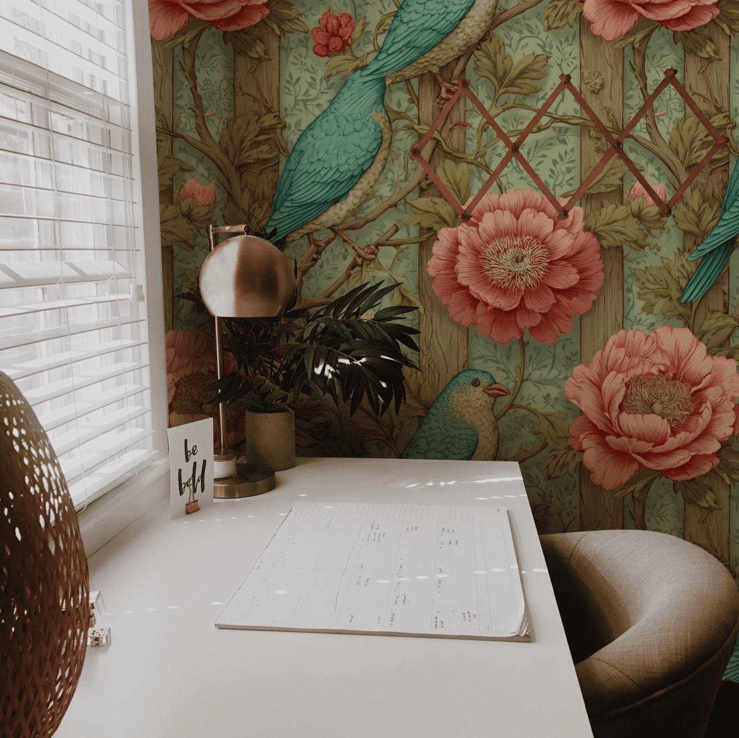 A white desk with a chair, lamp, plant, and calendar sits by a window; the wall is adorned with Peony Haven Wallpaper featuring vibrant blooms and delicate birds.