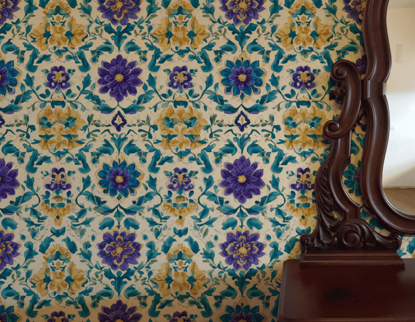 Floral Reverie Wallpaper features ornate blue, golden yellow flowers, and green patterns, with a dark wooden mirror frame partially visible on the right.