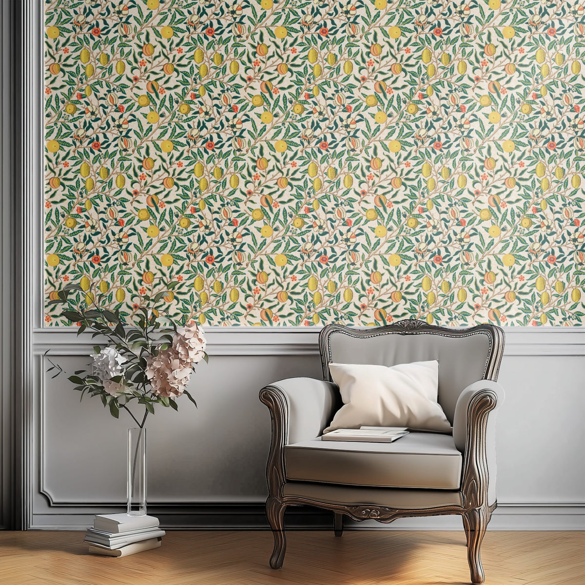 Cream Botanical Wallpaper shown in a second interior with the light Morris fruit reading as warmly traditional Morris decoration