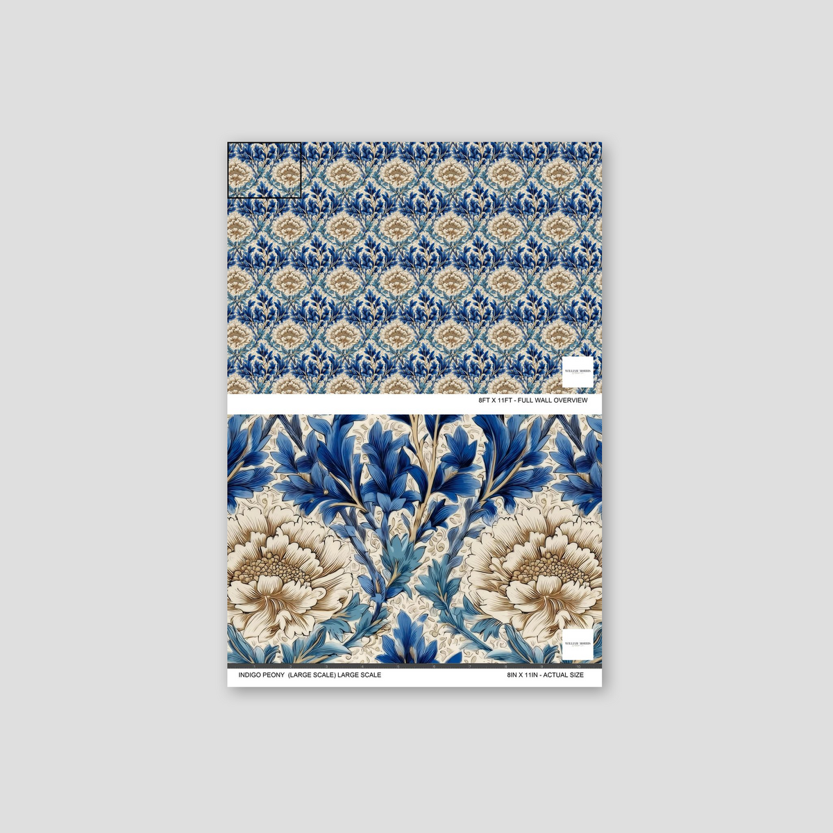 Indigo peony floral wallpaper with blue and cream motifs in a vintage style sample.