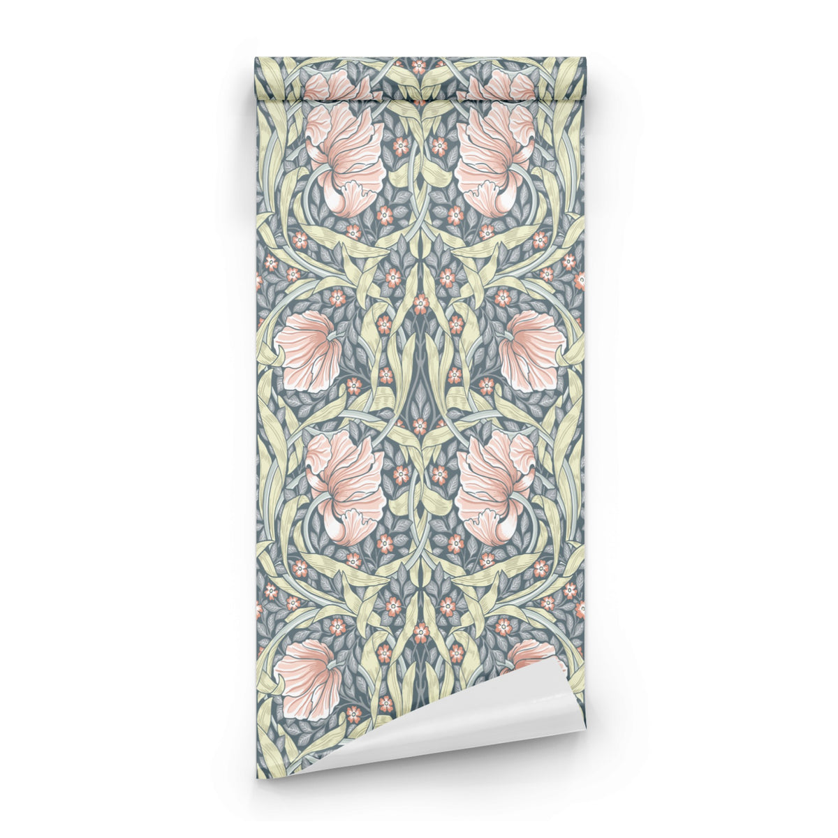 Blue Floral Wallpaper roll close-up showing the pimpernel drawing in close soft dusty pink Morris detail