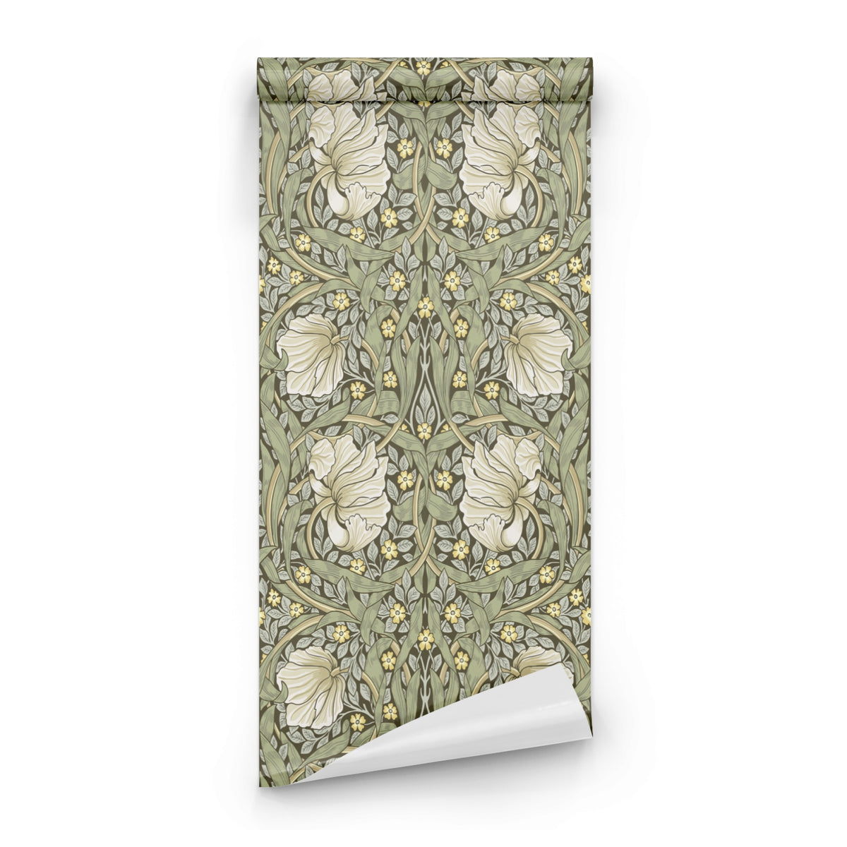 Green Floral Wallpaper roll close-up showing the pimpernel drawing in close sage green Morris detail