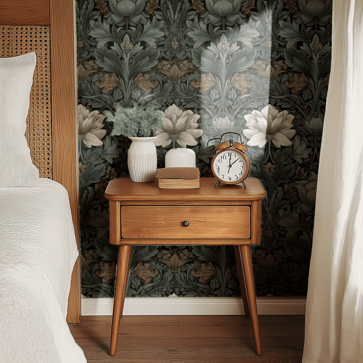 Green Floral Wallpaper shown in a second room with the slate thistle reading as quietly traditional Scottish-style decoration