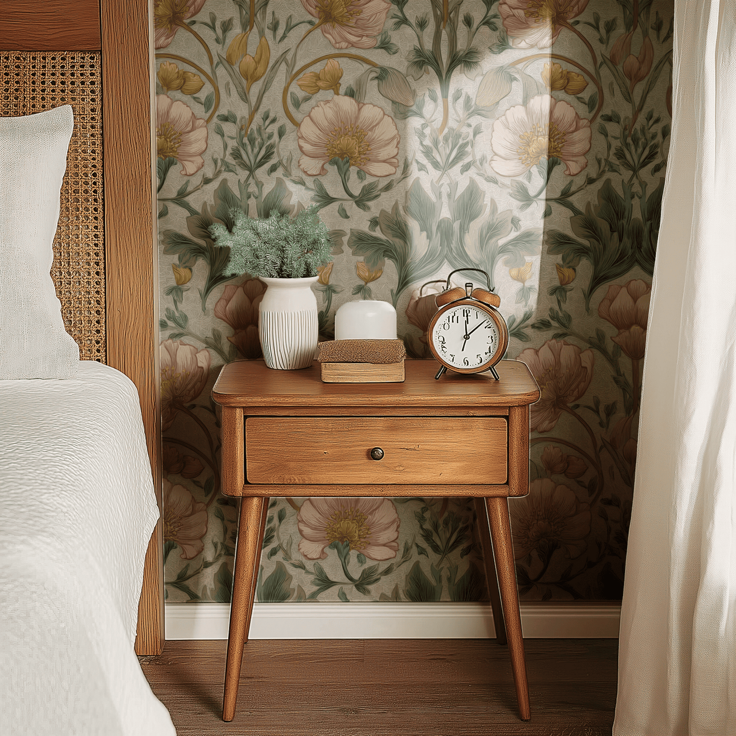 Neutral Floral Wallpaper shown in a second interior with the soft tulip florals reading as quietly feminine and traditional