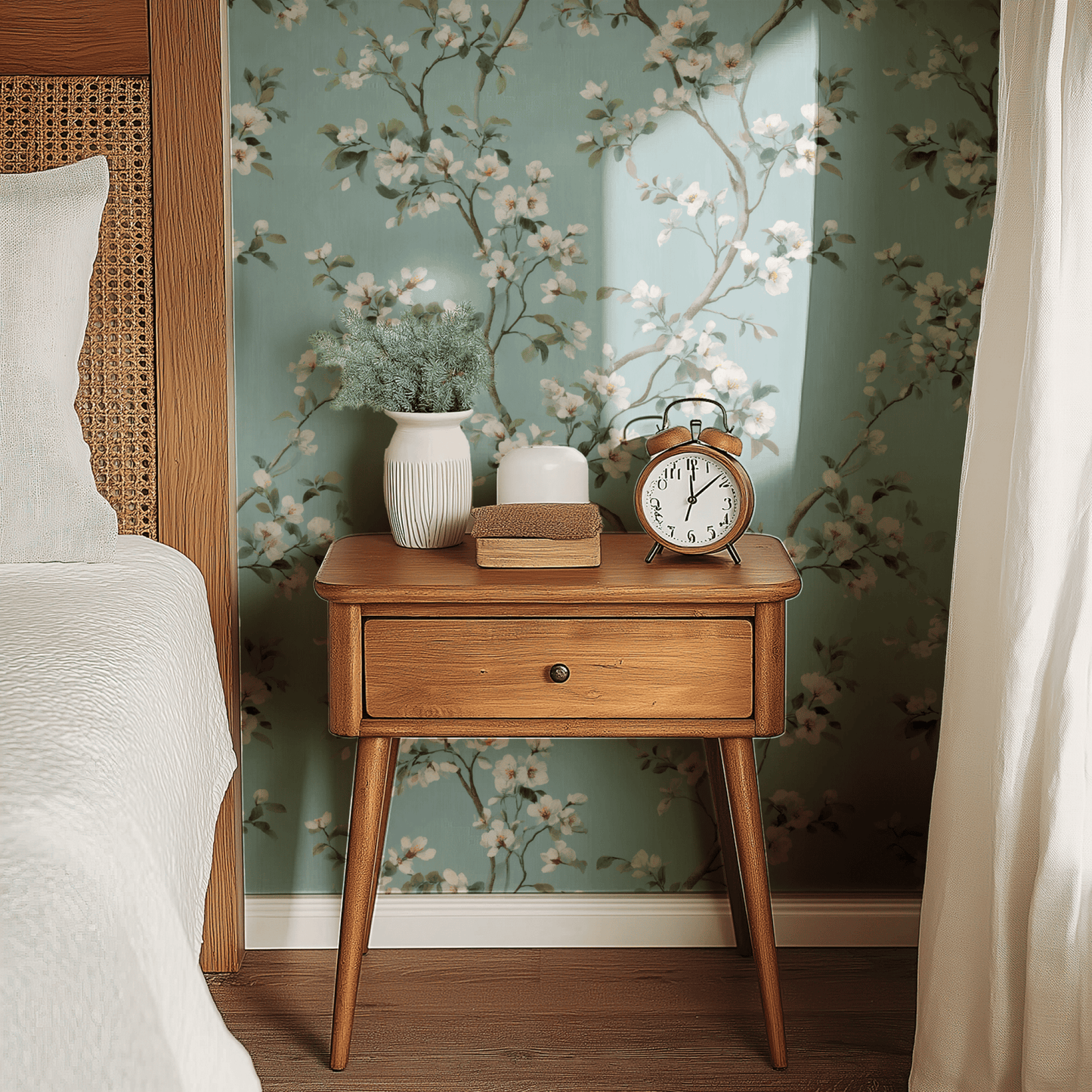 Blue Floral Wallpaper shown in a second interior with the watercolor florals reading atmospheric and the aqua palette supporting bedroom rest
