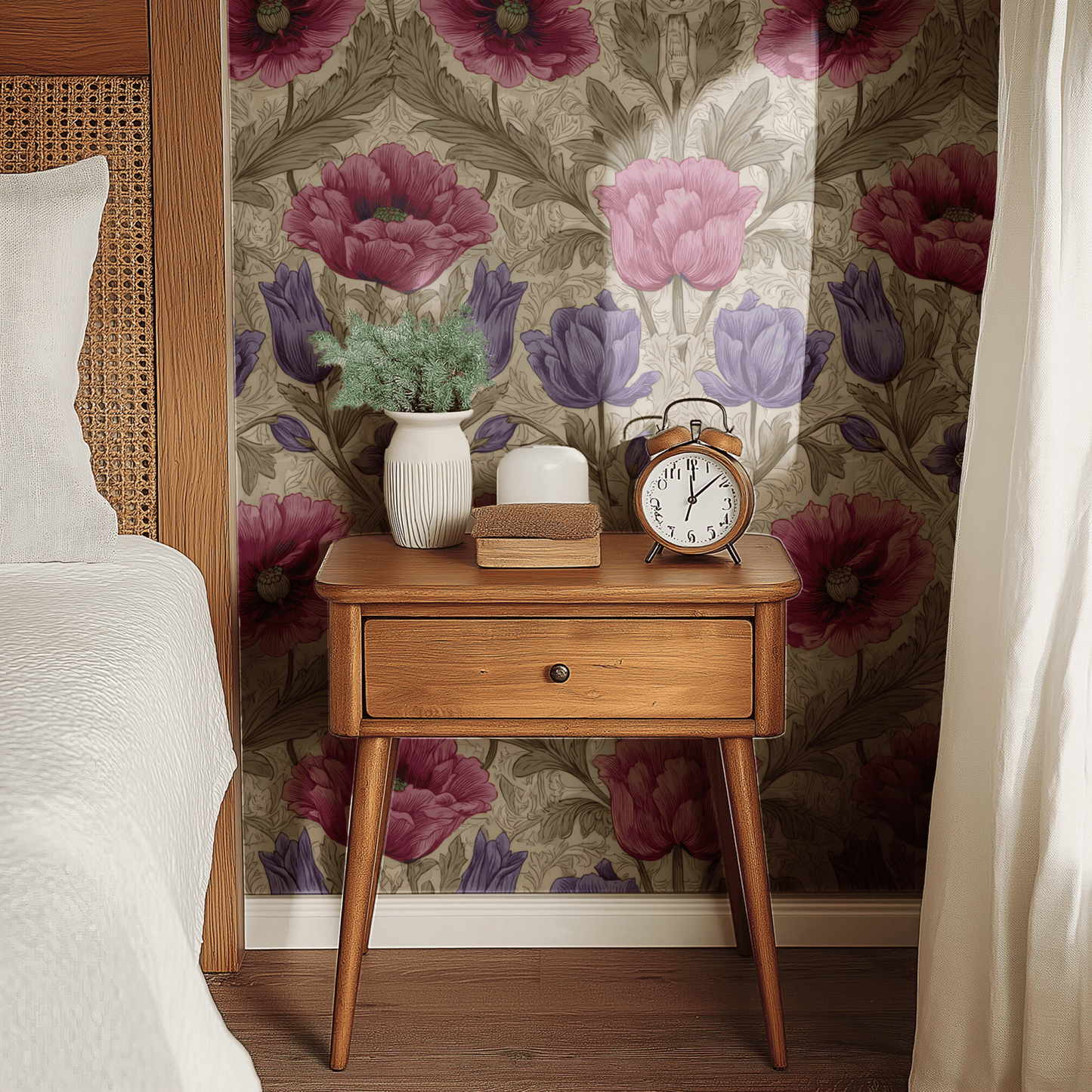 Cream Floral Wallpaper shown in a second interior with the rosy snakeshead reading as Morris-period traditional decoration