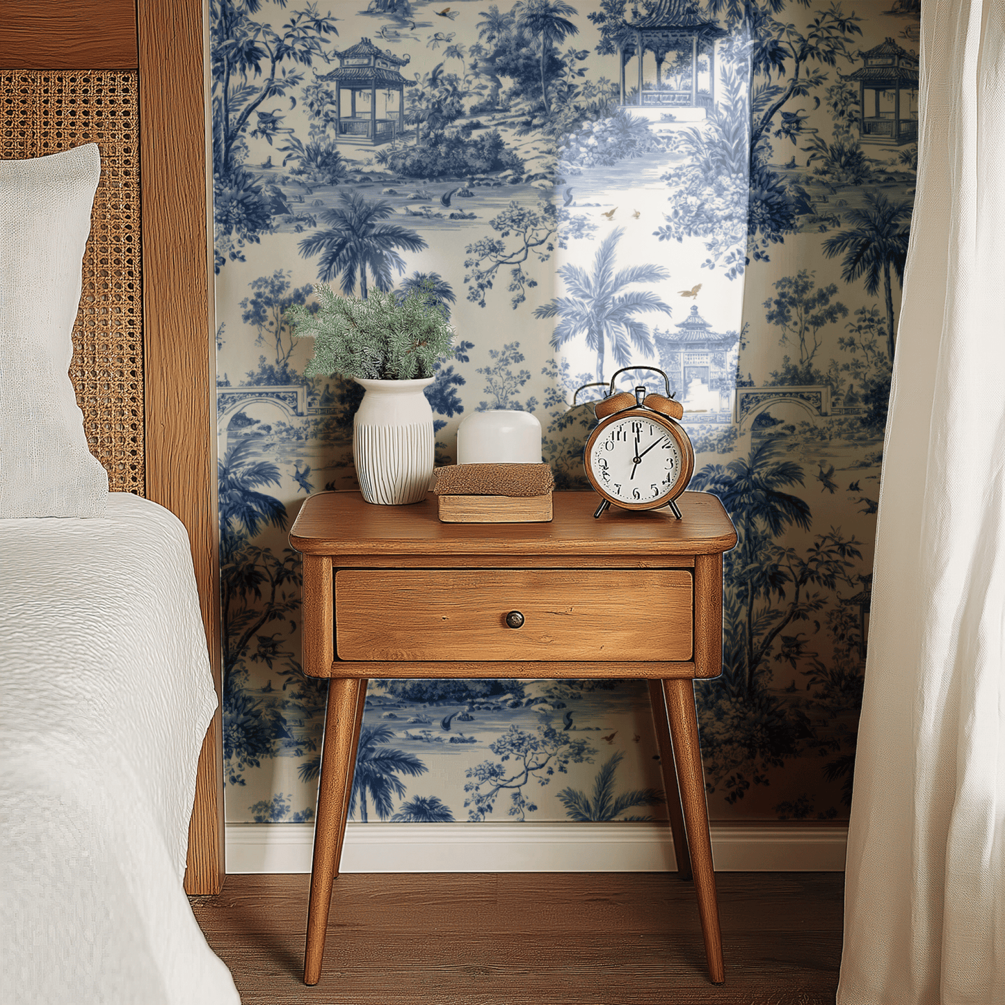 Blue Toile Wallpaper shown in a second interior with the blue-and-white toile reading as classically French-country-house traditional