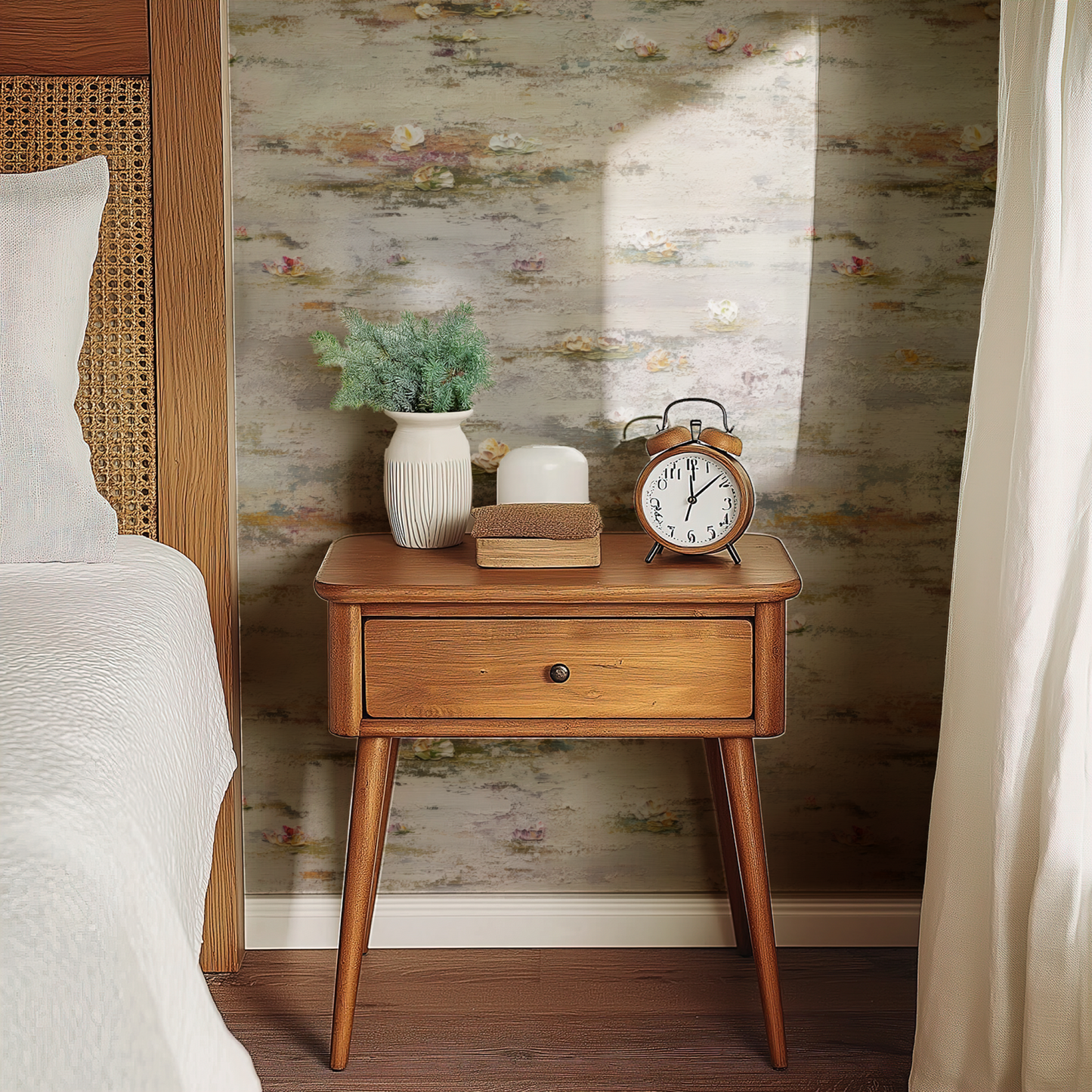 Cream Floral Wallpaper shown in a second room with the impasto lilies reading as substantial painted decoration