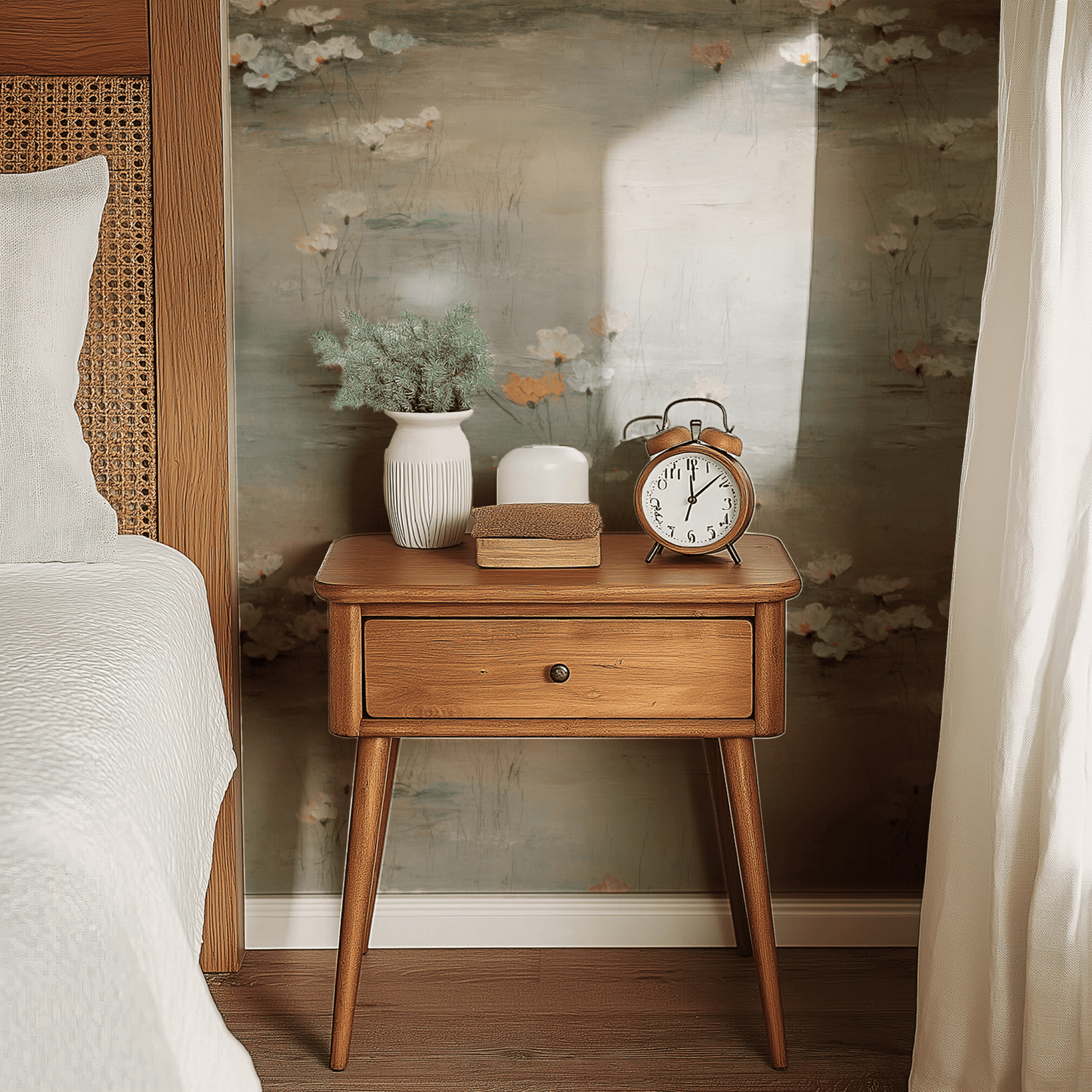 Neutral Floral Wallpaper shown in a second interior with the glistening petals reading as quietly soft luxurious decoration