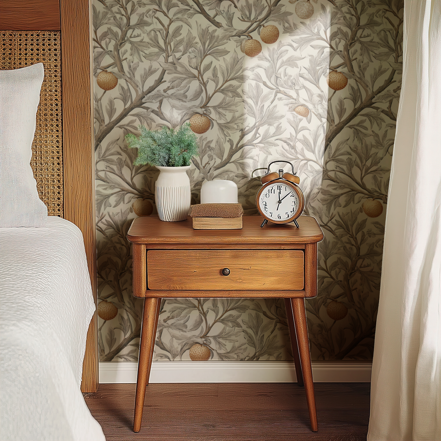 Cream Botanical Wallpaper shown in a second room with the cream-and-gold orchard reading as warmly harvest-rich kitchen decoration