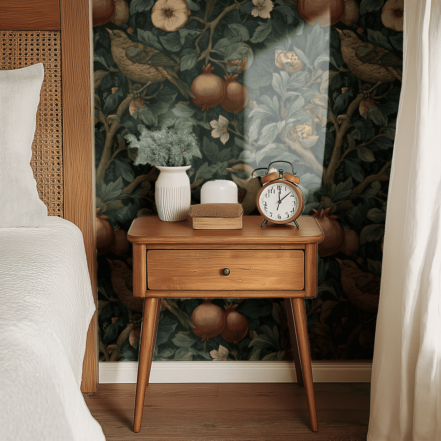 Green Bird Pattern Wallpaper shown in a second room with the dark pomegranate reading as atmospheric English-country library decoration