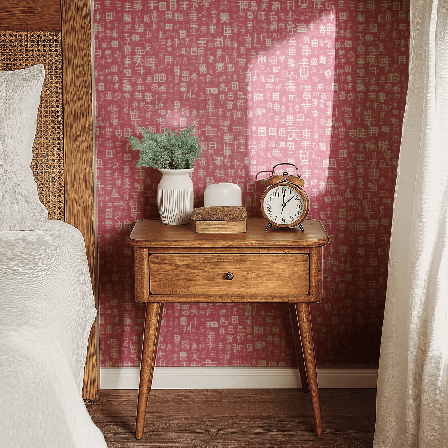 Pink Abstract Wallpaper shown in a second room context, the typography pattern reading as quietly literary and the pink palette pairing against natural materials