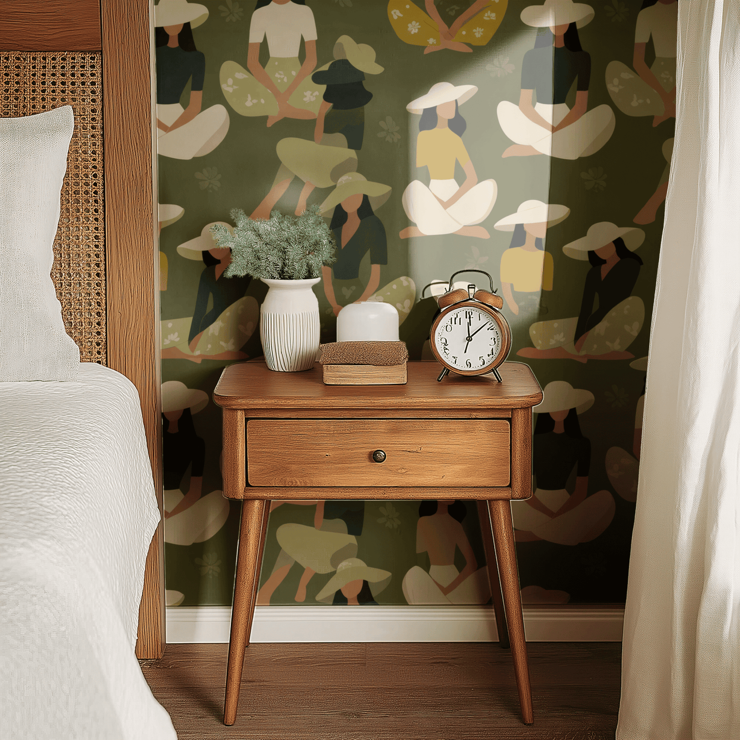 Green Abstract Wallpaper shown in a second room with the atmospheric green reading as meditative quiet background