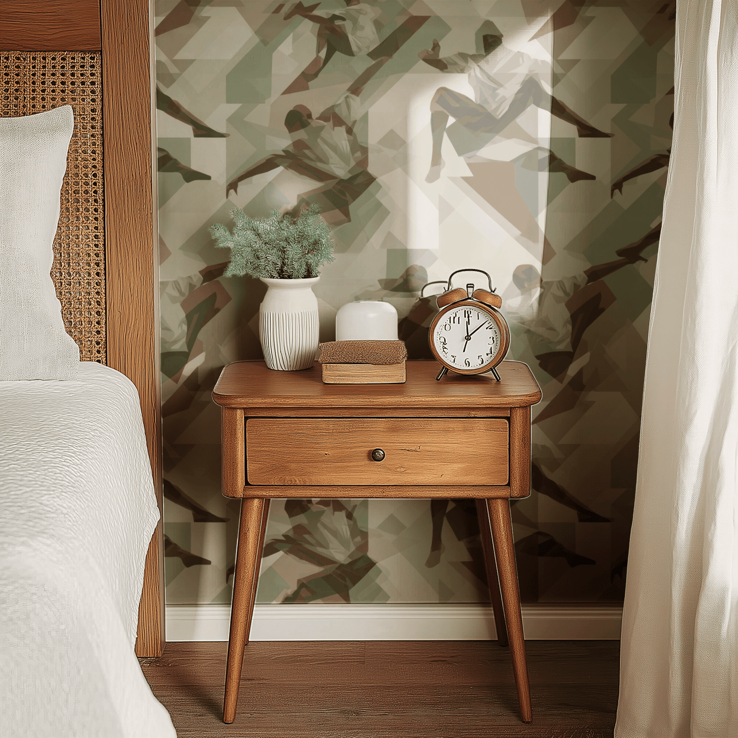 Neutral Abstract Wallpaper shown in a second interior with the geometric figure reading as a quietly modernist contemporary statement