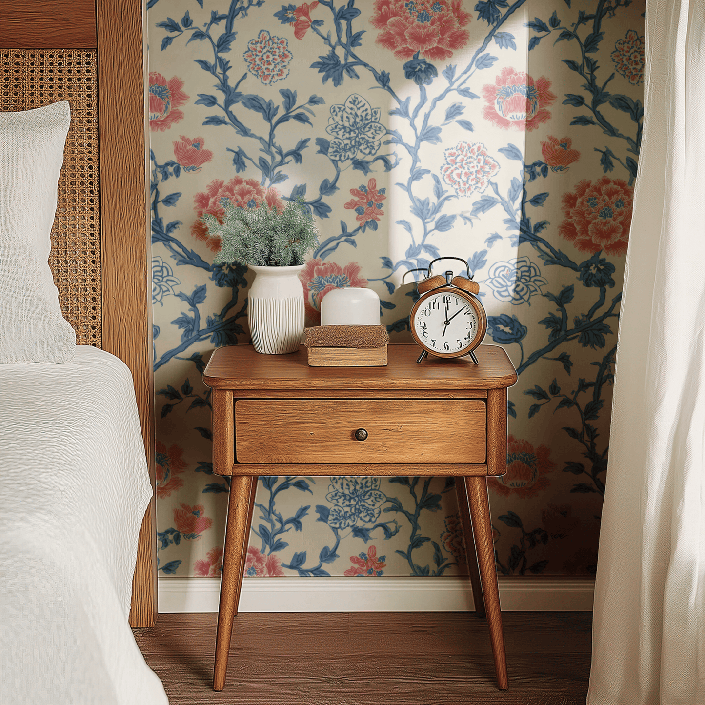 Cream Floral Wallpaper shown in a second interior with the scarlet chinoiserie reading as warmly traditional East-Asian-influenced decoration