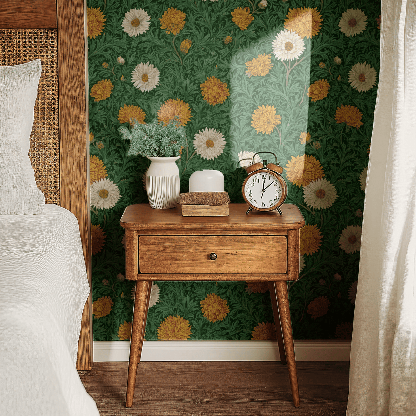 Green Floral Wallpaper shown in a second room with the marigolds reading as warmly traditional Victorian-floral decoration