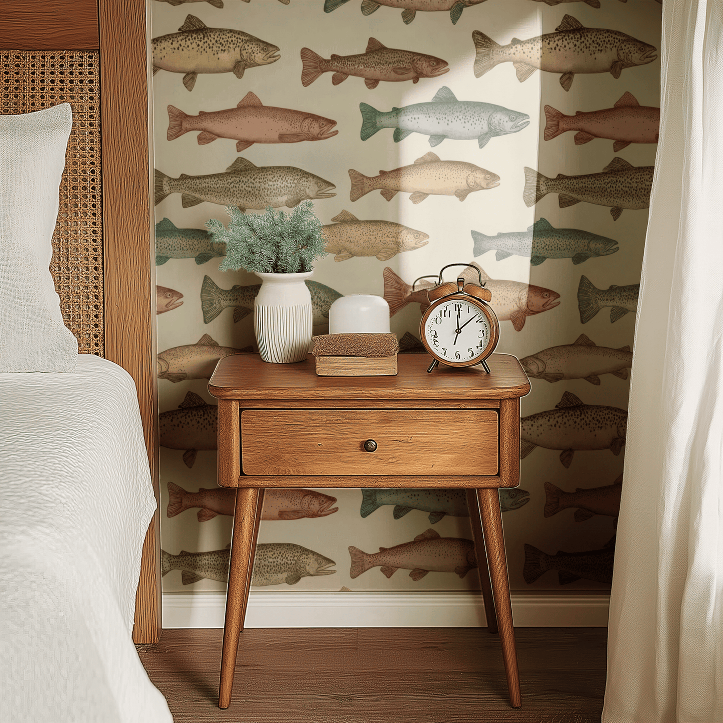 Colorful Fish Pattern Wallpaper shown in a second room with the playful trout reading as joyfully colorful sea-life decoration