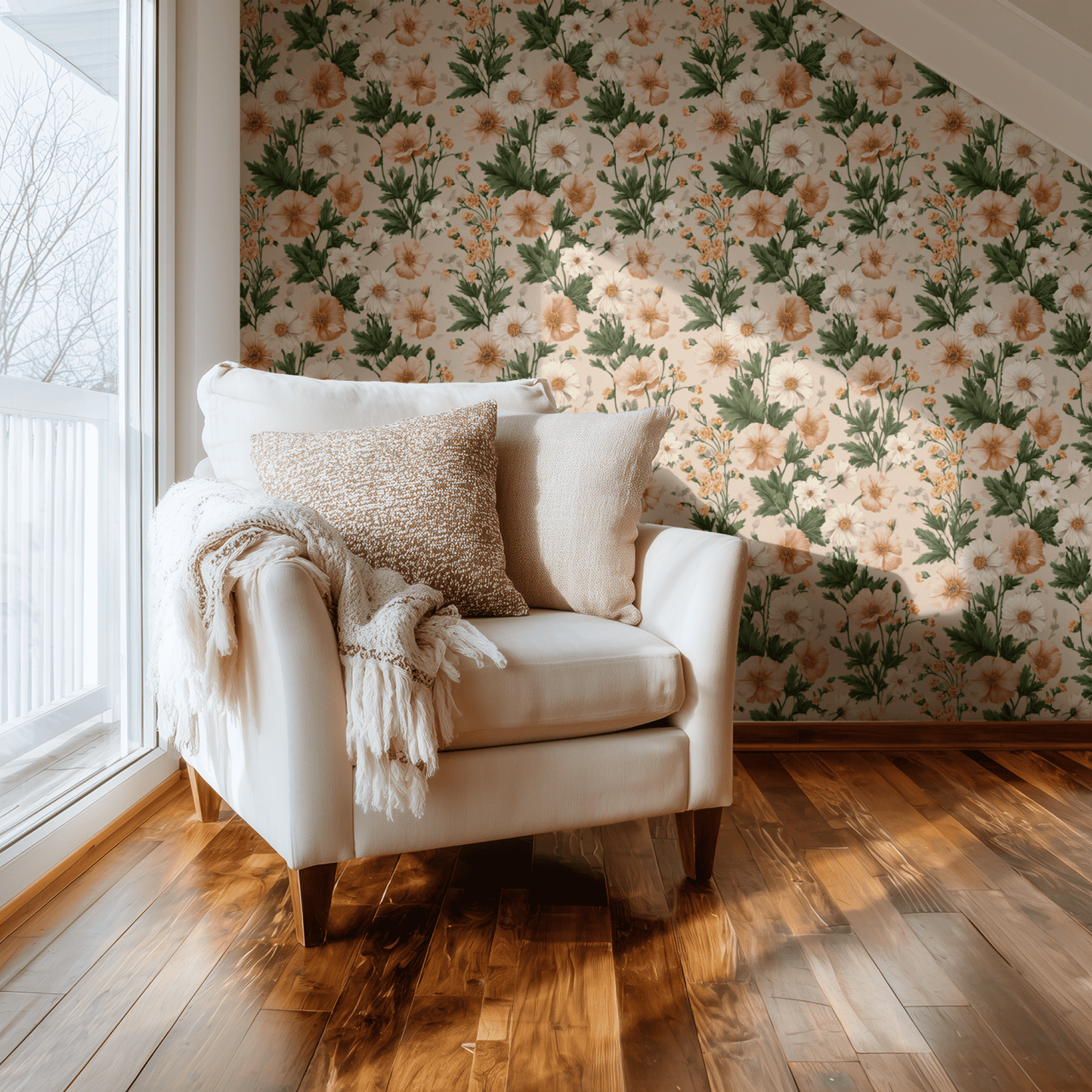 Neutral Floral Wallpaper shown in a second interior with the peach daisies reading as warmly fresh cottage decoration