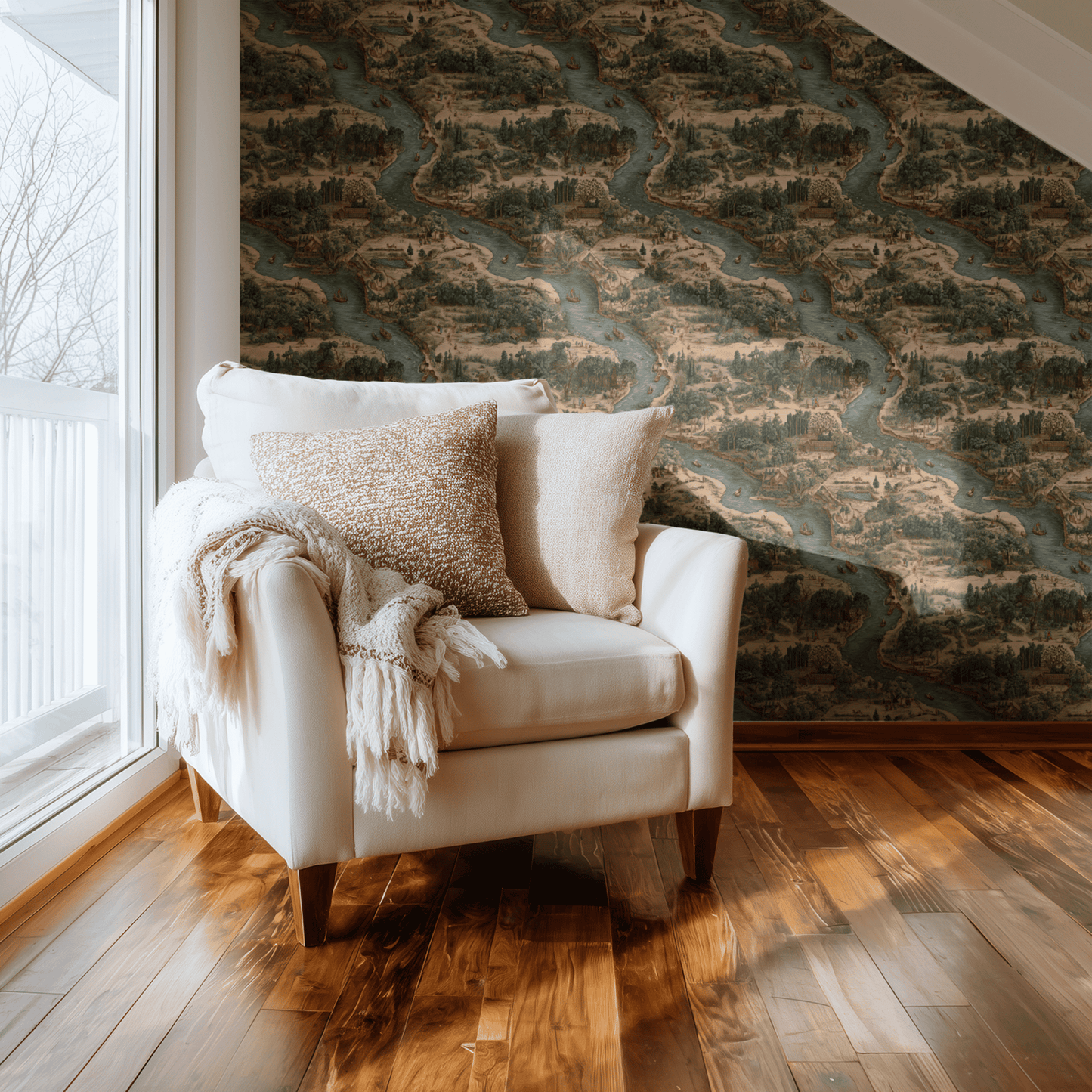 Neutral Toile Wallpaper shown in a second interior with the tapestry riverbank reading as classically woven-style scenic decoration