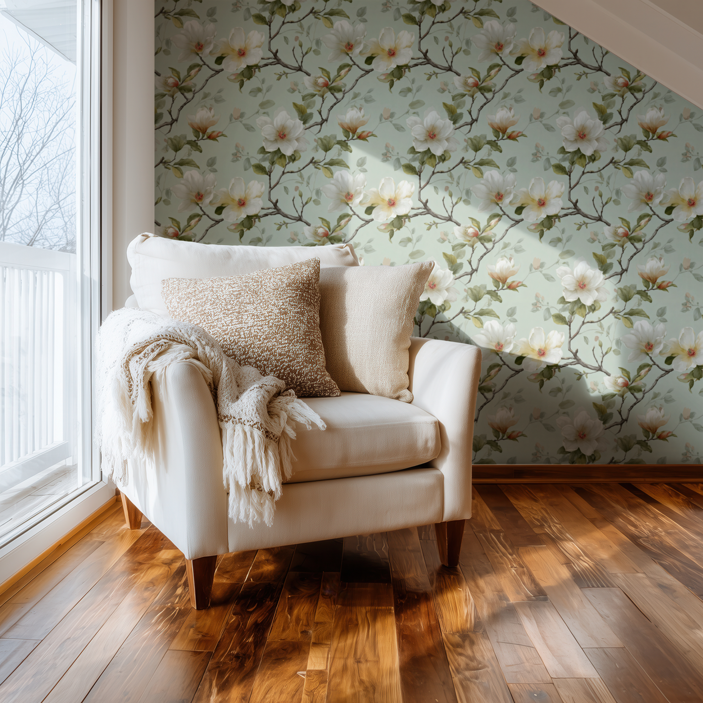Green Floral Wallpaper shown in a second room with the magnolia blossoms reading as gracefully fresh decoration